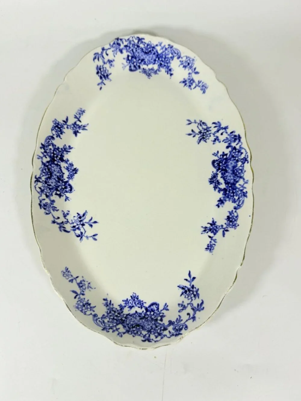 Transferware Rimmed Serving Platter Flow Blue Cresent Utophia Alpha Blue and Whi